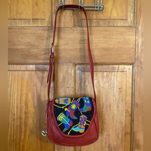 Vtg Brighton Red Leather & Brass Hand Beaded Boots Crossbody Saddle Bag Purse
